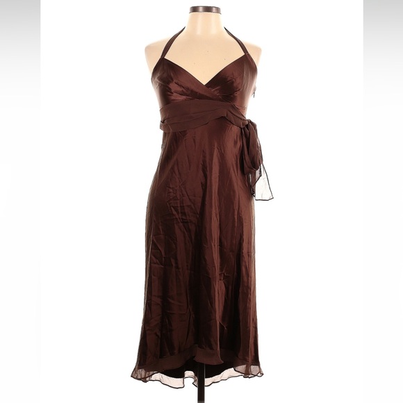 BCBGMAXAZRIA Brown 100% Silk High Low hem Halter Dress Size: 10 petite - Picture 3 of 9